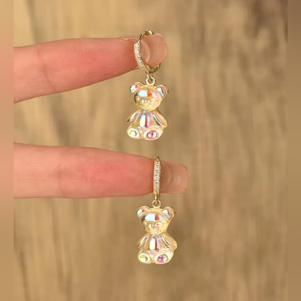 🧸💖Iridescent Bear Drop Earrings with Rhinestones, New in Package